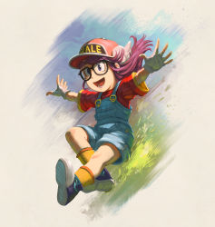 Rule 34 | 1girl, absurdres, baseball cap, blue overalls, child, commentary, david revoy, dr. slump, english commentary, female focus, fingerless gloves, gloves, grass, grey eyes, hat, highres, jumping, krita (medium), long hair, looking at viewer, norimaki arale, open mouth, overalls, purple eyes, purple hair, red shirt, shirt, shoes, short sleeves, shorts, simple background, smile, socks, solo, white background, white gloves