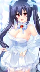 Rule 34 | 1girl, alternate breast size, bare shoulders, black hair, blush, breasts, bridal gauntlets, bride, cleavage, detached collar, dress, elbow gloves, flower, gloves, hair between eyes, hair flower, hair ornament, highres, irori (irorixc), jewelry, large breasts, looking at viewer, neptune (series), noire (neptunia), open mouth, pleated dress, red eyes, ring, rose, solo, twintails, wedding dress, white flower, white gloves, white rose