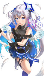 1girl :d absurdres amane_kanata amane_kanata_(work) angel_wings asymmetrical_legwear belt black_dress black_gloves black_socks blue_belt blue_hair blue_halo blue_thighhighs blue_wings blush character_signature colored_inner_hair commentary dress falling_feathers feathered_wings feathers foot_out_of_frame frilled_dress frills gloves gradient_clothes gradient_dress gradient_wings grey_hair hair_ornament hairclip halo highres hololive jewelry knee_up kneehighs kotomaru_(sirouko9511) long_hair looking_at_viewer mini_wings mismatched_legwear multicolored_hair multicolored_wings necklace no_headwear official_alternate_costume official_alternate_hair_length official_alternate_hairstyle open_mouth partially_fingerless_gloves pleated_dress purple_eyes shoes short_dress simple_background single_hair_intake single_kneehigh single_sock single_thighhigh sleeveless sleeveless_dress smile sneakers socks solo standing standing_on_one_leg star_(symbol) star_halo star_necklace thigh_strap thighhighs two_side_up uneven_legwear virtual_youtuber white_background white_feathers white_footwear white_wings wings