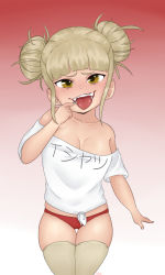 Rule 34 | 1girl, blonde hair, blunt bangs, boku no hero academia, breasts, clothes writing, collarbone, fangs, gradient background, looking at viewer, messy hair, off shoulder, open mouth, panties, red panties, shirt, slimyylolitrash, solo, teeth, thigh gap, thighhighs, tied shirt, toga himiko, tongue, tongue out, underwear, white shirt