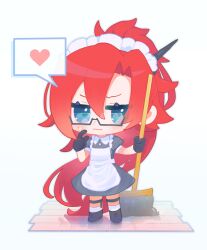 Rule 34 | 1girl, alternate costume, apron, black-framed eyewear, black footwear, black gloves, blue eyes, blush, chibi, closed mouth, collared dress, commentary request, dress, enmaided, full body, gloves, hair between eyes, heart, horns, kiduta cielo, labyrista, long hair, maid, maid apron, maid headdress, mop, parted bangs, ponytail, princess connect!, puffy short sleeves, puffy sleeves, red hair, semi-rimless eyewear, shoes, short sleeves, simple background, smile, socks, solo, spoken heart, standing, sweat, under-rim eyewear, very long hair, white apron, white background, white socks, wooden floor