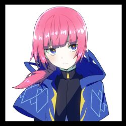 Rule 34 | 1girl, akichi 360, arms at sides, black border, black jacket, blue capelet, blue eyes, blush, border, capelet, closed mouth, expressionless, floating hair, hair over shoulder, highres, hood, hood down, hooded capelet, jacket, kaf (kamitsubaki studio), kamitsubaki studio, looking at viewer, low ponytail, multicolored eyes, pink hair, red eyes, simple background, solo, turtleneck, turtleneck jacket, upper body, virtual youtuber, white background, yellow pupils, zipper