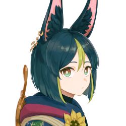 Rule 34 | 1boy, 39 iduki, animal ear fluff, animal ears, artist name, blue hair, blue shirt, closed mouth, commentary request, earrings, flower, fox tail, genshin impact, green eyes, green hair, hair between eyes, highres, hood, jewelry, looking at viewer, male focus, multicolored hair, shirt, short hair, short sleeves, simple background, single earring, solo, sunflower, tail, tighnari (genshin impact), two-tone hair, upper body, white background, yellow flower