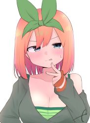 Rule 34 | 1girl, blue eyes, breasts, cleavage, collarbone, commentary request, eyebrows hidden by hair, go-toubun no hanayome, green ribbon, grey shirt, hair between eyes, hair ribbon, hand up, highres, kujou karasuma, long sleeves, looking at viewer, medium breasts, nakano yotsuba, off shoulder, orange hair, puffy long sleeves, puffy sleeves, ribbon, shirt, signature, simple background, sleeves past wrists, solo, striped, upper body, v-shaped eyebrows, white background