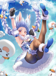 Rule 34 | &gt; &lt;, 1girl, :d, animal ears, arm up, armpits, black gloves, black leotard, blue sky, bow, braid, breasts, brown pantyhose, carrot hair ornament, cloud, commentary request, day, detached sleeves, don-chan (usada pekora), dress, falling, floating hair, food-themed hair ornament, from below, full body, fur scarf, gloves, hair bow, hair ornament, hand up, hololive, kubota masaki, leotard, leotard under clothes, long hair, looking at viewer, open mouth, pantyhose, pekomon (usada pekora), puffy short sleeves, puffy sleeves, rabbit ears, red eyes, shoes, short eyebrows, short sleeves, sky, small breasts, smile, teeth, thick eyebrows, thigh strap, twin braids, twintails, upper teeth only, usada pekora, usada pekora (1st costume), virtual youtuber, white bow, white dress, white footwear, xd