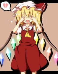 Rule 34 | 1girl, ascot, blonde hair, blouse, broken heart, brown background, closed eyes, collared shirt, crying, do (4-rt), fang, female focus, flandre scarlet, hair between eyes, hat, heart, letterboxed, mob cap, open mouth, shirt, solo, touhou, white hat, white shirt, wings