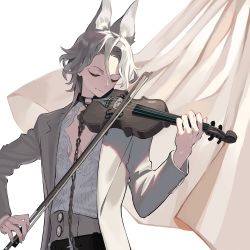 Rule 34 | 1boy, absurdres, animal ear fluff, animal ears, bad id, bad pixiv id, chain, chain leash, closed eyes, closed mouth, commission, corset, grey hair, hair between eyes, highres, holding, holding instrument, holding violin, instrument, kokonotsunbai, leash, male focus, music, original, playing instrument, shirt tucked in, simple background, skeb commission, smile, solo, violin, white background