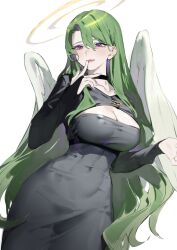 Rule 34 | 1girl, angel, angel wings, asymmetrical sleeves, breasts, choker, cleavage cutout, clothing cutout, dress, finger to mouth, gradient hair, green hair, halo, highres, large breasts, long hair, looking to the side, mizumi zumi, multicolored hair, nail polish, original, purple eyes, solo, standing, tight clothes, wings