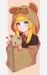 Rule 34 | 1girl, :3, animal hood, bear hood, black jacket, blonde hair, blue eyes, blunt bangs, blush, bow, brown background, collared shirt, copyright request, cropped torso, fang, hair ornament, hairclip, heart, highres, holding, holding stuffed toy, hood, hood up, indie virtual youtuber, jacket, lerio (leriodraws), long hair, red bow, shirt, smile, solo, striped, striped bow, stuffed animal, stuffed toy, teddy bear, virtual youtuber, white background, white hair