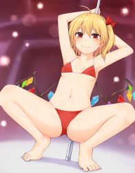 Rule 34 | 1girl, ahoge, armpits, arms up, bare arms, bare legs, bare shoulders, barefoot, bikini, blonde hair, blush, breasts, collarbone, commentary request, crystal, flandre scarlet, hair between eyes, hair ribbon, lens flare, looking at viewer, miyo (ranthath), navel, one side up, pole, pole dancing, red bikini, red eyes, red ribbon, ribbon, short hair, small breasts, smile, solo, spread legs, squatting, stomach, string bikini, stripper pole, swimsuit, thighs, touhou, wings