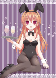 Rule 34 | 1girl, absurdres, animal ears, bad id, bad pixiv id, bare shoulders, black pantyhose, breasts, brown hair, cleavage, detached collar, fake animal ears, fang, glass, high heels, highres, ikeda yuuki, leotard, long hair, open mouth, original, pantyhose, playboy bunny, rabbit ears, red eyes, revision, shoes, solo, tray, wrist cuffs