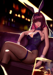 Rule 34 | 1girl, animal ears, bar (place), breasts, couch, crossed legs, cup, detached collar, drinking glass, fake animal ears, fate/grand order, fate (series), fishnet pantyhose, fishnets, hair intakes, hairband, indoors, large breasts, leotard, long hair, official alternate costume, pantyhose, phamoz, playboy bunny, purple hair, purple hairband, purple leotard, purple neckwear, rabbit ears, red eyes, scathach (fate), scathach (piercing bunny) (fate), solo, strapless, strapless leotard, thigh strap, wine glass, wrist cuffs