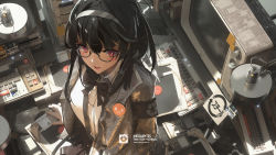 Rule 34 | 1girl, armband, black bow, black hair, blush, bow, desk lamp, english text, floppy disk, glasses, hairband, highres, ibara dance, jacket, keyboard (computer), lamp, long hair, looking at viewer, open clothes, open jacket, open mouth, original, red eyes, science fiction, semi-rimless eyewear, sitting, solo, television, white legwear