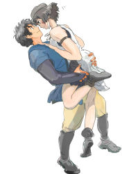 Rule 34 | 1boy, 1girl, ass grab, black hair, breasts, brown hair, closed mouth, commentary request, dress, earrings, facepaint, facial mark, grabbing another&#039;s ass, headband, highres, jewelry, kodama, mononoke hime, necklace, san (mononoke hime), short hair, simple background, studio ghibli, tombiiwa, tooth necklace, white background