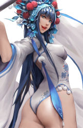 Rule 34 | 1girl, ;q, ass, blue eyes, blue hair, blue nails, breasts, commentary request, covered erect nipples, detached sleeves, eyelashes, fingernails, from behind, half-closed eyes, highleg, highleg dress, highres, holding, holding polearm, holding weapon, hu dako, long hair, looking at viewer, looking back, medium breasts, naginata, nail polish, one eye closed, original, polearm, red lips, simple background, smile, solo, standing, teeth, thong, toenail polish, toenails, tongue, tongue out, upper teeth only, very long hair, weapon, white background, wide sleeves
