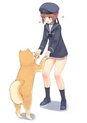Rule 34 | 1girl, :d, bad id, bad twitter id, blush, brown eyes, brown hair, dog, dress, hat, heart, highres, holding hands, kantai collection, long sleeves, looking at another, open mouth, osananajimi neko, sailor dress, sailor hat, shiba inu, short hair, simple background, smile, white background, z3 max schultz (kancolle)