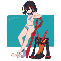 Rule 34 | 1girl, 320 (romsen), bad id, bad twitter id, black hair, blue bra, blue eyes, blue panties, bra, breasts, cleavage, closed mouth, commentary, dated, frown, green background, high tops, highres, holding, kill la kill, leaning back, leaning on object, legs, living clothes, matoi ryuuko, medium breasts, multicolored hair, navel, no legwear, outside border, panties, red hair, senketsu, shoes, short hair, sneakers, solo, standing, streaked hair, striped bra, striped clothes, striped panties, twitter username, two-tone hair, underwear, underwear only, white footwear
