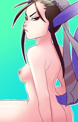 Rule 34 | 1girl, antenna hair, ass, back, breasts, breath of fire, breath of fire iv, brown hair, bun cover, eyeliner, frown, greenmarine, hair bun, lips, long hair, looking at viewer, makeup, nipples, nose, nude, orange eyes, sidelocks, single hair bun, sitting, small breasts, solo, tail, twintails, ursula, ursula (breath of fire)