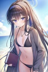 Rule 34 | 1girl, bags under eyes, beach, bikini, black bikini, black hair, blue archive, blue sky, blush, book, breasts, cardigan, closed mouth, cloud, collarbone, commentary, cowboy shot, day, gluteal fold, grey cardigan, hair between eyes, hair over shoulder, hair ribbon, hairband, halo, highres, holding, holding book, jewelry, kuro futoshi, long hair, long sleeves, looking at viewer, navel, o-ring, o-ring bikini, o-ring bottom, o-ring top, ocean, off shoulder, official alternate costume, open cardigan, open clothes, outdoors, pendant, ponytail, purple eyes, purple hairband, purple ribbon, ribbon, sand, sidelocks, single bare shoulder, sky, small breasts, solo, swimsuit, ui (blue archive), ui (swimsuit) (blue archive), very long hair, yellow halo