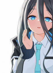 Rule 34 | aris (blue archive), black hair, blue archive, blue eyes, breast pocket, bright pupils, collared shirt, hair between eyes, long hair between eyes, necktie, pocket, ringed eyes, shirt, tie clip, ugaaaa1, white pupils