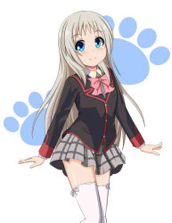 Rule 34 | 1girl, blue eyes, child, closed mouth, cowboy shot, female focus, highres, little busters!, long hair, long sleeves, looking at viewer, noumi kudryavka, pleated skirt, silver hair, skirt, smile, solo, standing, thighhighs, white thighhighs