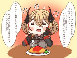 Rule 34 | 1girl, :d, = =, azur lane, black jacket, blonde hair, blush, breast rest, breasts, closed eyes, collared shirt, cross, dress shirt, eyebrows, food, fork, furrowed brow, grey shirt, hair between eyes, hand on own cheek, hand on own face, headgear, holding, holding fork, horoyuki (gumizoku), iron cross, jacket, ketchup, large breasts, motion lines, multicolored hair, omelet, omurice, open clothes, open jacket, open mouth, plate, red hair, roon (azur lane), shirt, short hair, smile, solo, streaked hair, text focus, translation request, two-tone hair, upper body