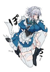 Rule 34 | 1girl, absurdres, apron, between fingers, black bra, black gloves, bleeding, blood, blue dress, blue eyes, boots, bow, bowtie, bra, braid, breasts, collared dress, colored eyelashes, cuts, dress, frills, full body, gloves, green bow, grey hair, hair bow, hair ribbon, half gloves, highres, himadera, holding, injury, izayoi sakuya, knife, large breasts, long sleeves, looking away, maid, maid apron, maid headdress, on one knee, petticoat, puffy long sleeves, puffy sleeves, ribbon, short dress, short hair, simple background, solo, tearing up, thighhighs, torn clothes, torn dress, torn thighhighs, touhou, tress ribbon, twin braids, twitter username, underbust, underwear, waist apron, white background, white thighhighs