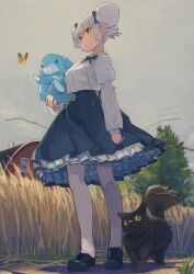 Rule 34 | 1girl, absurdres, animal, animal ears, black bow, black bowtie, black footwear, blue skirt, bow, bowtie, breasts, bug, butterfly, cat, collared shirt, dated, frilled skirt, frills, from below, hair bow, highres, holding, holding animal, insect, long sleeves, looking ahead, medium breasts, original, outdoors, pantyhose, petticoat, pointy ears, rabbit ears, red eyes, shirt, shirt tucked in, short hair, sidelocks, skirt, solo, toro (konirio), tree, twintails, twitter username, white hair, white shirt