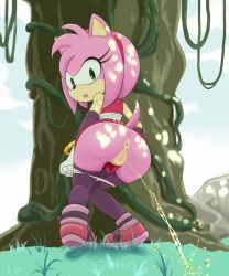 Rule 34 | 1girl, amy rose, anus, ass, bare shoulders, bent over, cleft of venus, clothes lift, cloud, day, dress, dress lift, eyelashes, female focus, from behind, full body, furry, furry female, gloves, grass, hairband, highres, looking at viewer, looking back, no humans, open mouth, outdoors, panties, panty pull, peeing, pink fur, plant, pussy, red dress, rock, sake kemosalmon, sky, solo, sonic (series), standing, teeth, tree, uncensored, underwear, upper teeth only, white gloves, white panties