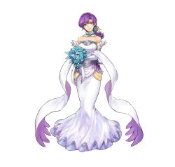Rule 34 | 1girl, absurdres, blue flower, blue rose, bouquet, breasts, commentary, detached collar, detached sleeves, dress, female focus, fire emblem, fire emblem: the binding blade, fire emblem heroes, flower, full body, highres, holding, holding bouquet, juno (fire emblem), long hair, matching hair/eyes, medium breasts, nintendo, official art, purple eyes, purple hair, rose, simple background, solo, standing, strapless, strapless dress, uroko (mnr), wedding dress, white background, white dress