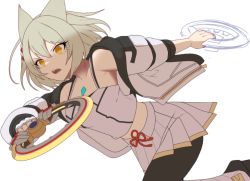 Rule 34 | 1girl, animal ears, black pantyhose, breasts, camisole, cat ears, chakram, chest jewel, jacket, kamaniki, leggings, mio (xenoblade), pantyhose, ribbon, short hair, simple background, skirt, small breasts, solo, tank top, weapon, white hair, white jacket, white skirt, white tank top, xenoblade chronicles (series), xenoblade chronicles 3, yellow eyes