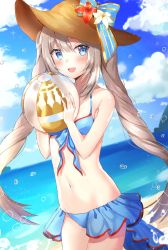 Rule 34 | 1girl, :d, bad id, bad pixiv id, ball, bare arms, bare shoulders, beachball, bikini, blue bikini, blue bow, blue eyes, blue sky, blurry, blurry background, blush, bow, breasts, brown hat, cloud, commentary request, day, depth of field, dutch angle, fate/grand order, fate (series), fingernails, flower, grey hair, groin, hair between eyes, hands up, hat, hat flower, highres, holding, holding ball, horizon, kubong, long hair, marie antoinette (fate), marie antoinette (swimsuit caster) (third ascension) (fate), navel, ocean, open mouth, outdoors, red flower, sky, small breasts, smile, solo, striped, striped bow, sun hat, swimsuit, twintails, very long hair, water drop, white flower