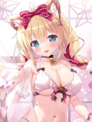 Rule 34 | 1girl, :3, animal ear fluff, animal ears, aqua eyes, arm at side, bell, bikini, black choker, blonde hair, blush, bow, breasts, cat ears, cat girl, choker, cleavage, collarbone, commentary, curtains, curvy, eyelashes, hair between eyes, hair bow, hair ornament, halterneck, hand up, head tilt, large breasts, looking at viewer, midriff, mikeou, multicolored hair, navel, neck bell, open mouth, original, red bow, red hair, sidelocks, simple background, smile, solo, star (symbol), star hair ornament, streaked hair, swimsuit, upper body, white background, white bikini, window