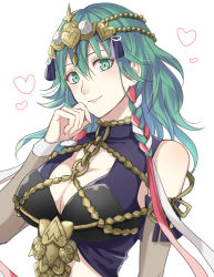 Rule 34 | 1girl, bare shoulders, braid, breasts, byleth (female) (fire emblem), byleth (fire emblem), cleavage, closed mouth, cosplay, fire emblem, fire emblem: three houses, green eyes, green hair, hair ornament, large breasts, looking at viewer, medium hair, nintendo, shinkanoshin, side braid, simple background, smile, solo, sothis (fire emblem), sothis (fire emblem) (cosplay), tiara, twin braids, upper body, white background