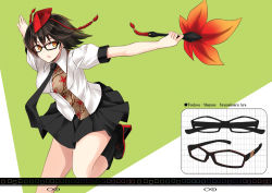 Rule 34 | 1girl, bespectacled, black hair, hand fan, glasses, hat, leaf, leaf print, nabeshima tetsuhiro, necktie, open mouth, outstretched arms, red eyes, shameimaru aya, short hair, solo, spread arms, tokin hat, touhou