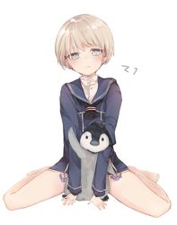 Rule 34 | 10s, 1girl, anchor, ao68, bad id, bad twitter id, barefoot, bird, blue eyes, bottomless, character name, full body, kantai collection, long sleeves, looking at viewer, penguin, sailor collar, sailor collared, short hair, silver hair, simple background, sitting, solo, wariza, white background, z1 leberecht maass (kancolle)
