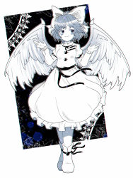 Rule 34 | 1girl, angel wings, black ribbon, black sash, blue eyes, blue hair, blush, bow, breasts, buttons, closed mouth, commentary request, dress, dungeon toaster, feathered wings, footwear ribbon, frilled dress, frilled sleeves, frills, full body, hair bow, happy, highres, juliet sleeves, limited palette, long sleeves, mai (touhou), puffy sleeves, ribbon, sash, short hair, sleeve garter, small breasts, smile, standing, touhou, touhou (pc-98), white bow, white dress, white footwear, white wings, wings
