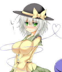 Rule 34 | 1girl, alternate breast size, blush, bow, breast press, breasts, green eyes, hat, hat bow, hat ribbon, heart, heart of string, highres, impossible clothes, komeiji koishi, large breasts, looking at viewer, ribbon, short hair, silver hair, simple background, solo, third eye, touhou, us2s