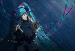 Rule 34 | 1girl, android, aqua eyes, aqua hair, aqua necktie, barcode, black skirt, black thighhighs, cable, collared shirt, damaged, detached sleeves, discover5, glitch, hatsune miku, head tilt, headphones, highres, knee up, long hair, looking at viewer, necktie, own hands together, parted lips, shirt, sitting, skirt, sleeveless, sleeveless shirt, solo, thighhighs, twintails, vocaloid, white shirt