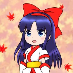 Rule 34 | 1girl, ainu clothes, blue eyes, breasts, hair ribbon, leaf, leaves, legs, long hair, nakoruru, open mouth, purple hair, ribbon, samurai spirits, small breasts, smile, snk, solo, the king of fighters