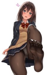 Rule 34 | 1girl, :d, ass, black jacket, black skirt, blazer, blue eyes, blush, bow, bowtie, breasts, brown hair, brown pantyhose, brown sweater, collared shirt, commentary request, crotch seam, feet, fine fabric emphasis, foot focus, grey panties, hair ornament, heart, jacket, kureha (ironika), leg up, long hair, long sleeves, looking at viewer, medium breasts, miniskirt, no shoes, open clothes, open jacket, open mouth, original, panties, panties over pantyhose, pantyhose, pleated skirt, reclining, red bow, red bowtie, school uniform, shirt, simple background, skirt, smile, soles, solo, striped bow, striped bowtie, striped clothes, striped neckwear, sweater, toes, tsubasa (kureha), underwear, white background, white shirt, wing collar, x hair ornament