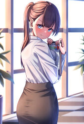 Rule 34 | 1girl, ass, asymmetrical bangs, blue eyes, border, bra visible through clothes, breasts, brown hair, checkered floor, clipboard, collared shirt, dot nose, dress shirt, fanged bangs, formal, frown, grey skirt, highres, hirorinwelcome, holding, holding clipboard, indoors, light blush, long hair, looking at viewer, looking back, medium breasts, office lady, original, pencil skirt, plant, ponytail, potted plant, see-through, shadow, shirt, shirt tucked in, skirt, sunlight, upper body, v-shaped eyebrows, white shirt
