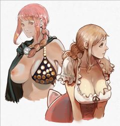 Rule 34 | 2girls, absurdres, alternate costume, armor, bikini armor, braid, braided ponytail, breasts, cape, cleavage, female focus, highres, joy boy, large breasts, leaning forward, looking at viewer, looking to the side, matching hair/eyes, multiple girls, nami (one piece), nipples, one breast out, one piece, orange hair, pink eyes, pink hair, ponytail, rebecca (one piece), upper body, white background, whole cake island dress
