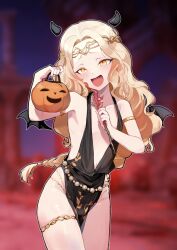 1boy :d armlet black_dress blonde_hair blurry blurry_background braid charles_(gu599) circlet commentary_request cosplay demon_horns demon_wings dress elden_ring elden_ring:_shadow_of_the_erdtree fake_horns fake_wings furrowed_brow game_screenshot_background halloween halloween_costume highres holding holding_needle holding_pumpkin horns jewelry korean_commentary long_hair male_focus miquella_(elden_ring) needle notice_lines open_mouth osugaki pumpkin queen_marika_the_eternal queen_marika_the_eternal_(cosplay) screenshot_background smile solo standing thighlet trap v-neck wings yellow_eyes