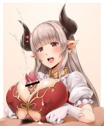 Rule 34 | 10s, 1boy, 1girl, ^^^, alicia (granblue fantasy), bar censor, blush, breasts squeezed together, breasts, censored, cleavage cutout, clothing cutout, covered erect nipples, cum, cum on body, cum on breasts, cum on clothes, cum on upper body, darkmaya, draph, earrings, ejaculation, gloves, granblue fantasy, grey hair, heart, heart-shaped pupils, hetero, horns, huge breasts, jewelry, long hair, male pubic hair, open mouth, paizuri, paizuri under clothes, penis, pointy ears, projectile cum, pubic hair, puffy short sleeves, puffy sleeves, red eyes, short sleeves, solo focus, symbol-shaped pupils, twitching penis, white gloves