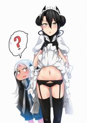 Rule 34 | 2girls, :o, ?, agent (girls&#039; frontline), black gloves, black hair, black legwear, black panties, blush, clothes lift, double bun, dress, dress lift, drooling, elisa (girls&#039; frontline), facial mark, forehead mark, frilled dress, frills, garter belt, girls&#039; frontline, gloves, grey eyes, hair between eyes, hair ornament, hairclip, highres, horns, long hair, looking at another, looking at viewer, maid, maid headdress, multiple girls, navel, panties, puffy short sleeves, puffy sleeves, short sleeves, silver hair, spoken question mark, sweat, thighhighs, underwear, yellowseeds