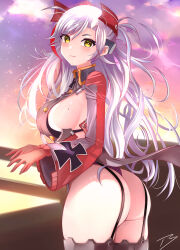 1girl ass azur_lane black_garter_straps black_panties breasts cowboy_shot evening garter_straps headgear highres large_breasts long_sleeves looking_at_viewer mole mole_on_breast outdoors panties pantyshot prinz_eugen_(azur_lane) red_hair reneg30 sideboob signature solo underwear white_hair yellow_eyes