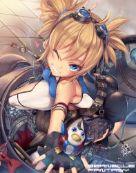 Rule 34 | 10s, 1girl, animal costume, ass, bad id, bad pixiv id, bare shoulders, belt, blonde hair, blue eyes, bow, bowtie, cable, fingerless gloves, from above, fukai ryosuke, gloves, goggles, goggles on head, granblue fantasy, grin, heart, looking at viewer, one eye closed, outstretched arm, pengie, penguin costume, short hair, short twintails, smile, solo, sweat, twintails, utility belt