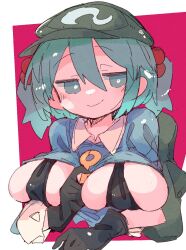 Rule 34 | 1girl, backpack, bag, black bra, black gloves, blue eyes, blue hair, border, bra, breasts, bright pupils, cleavage, closed mouth, flat cap, gloves, green hat, hair between eyes, hair bobbles, hair ornament, hat, highres, kawashiro nitori, key, large breasts, massakasama, pink background, smile, solo, touhou, two side up, underwear, upper body, white border, white pupils