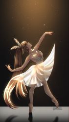 Rule 34 | artist name, ballet, ballet slippers, brown hair, dancing, feather hair ornament, feathers, full body, hair ornament, hololive, hololive english, long hair, looking up, minxei, nanashi mumei, ponytail, solo, sparkle, very long hair, virtual youtuber, watermark